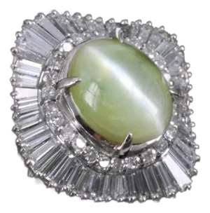 Late 20th Century Rare 8.95ct Natural Chrysoberyl Cat's Eye 2.60ct Diamond Platinum Ring Size 6.5