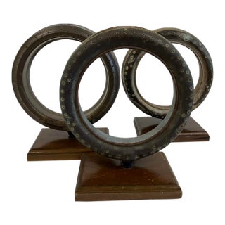 Set of 3 Industrial Sprinkler Head Sculptures – Mounted Foundry Art on Wood Base, Mid 20th Century For Sale