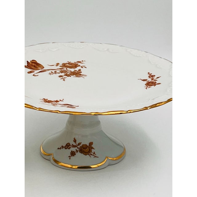 White Mid Century Limoges Porcelain Gold Roses Cake Stand For Sale - Image 8 of 11