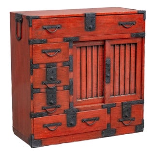 Vintage Japanese Red Lacquer Merchant Chest / Choba Tansu For Sale