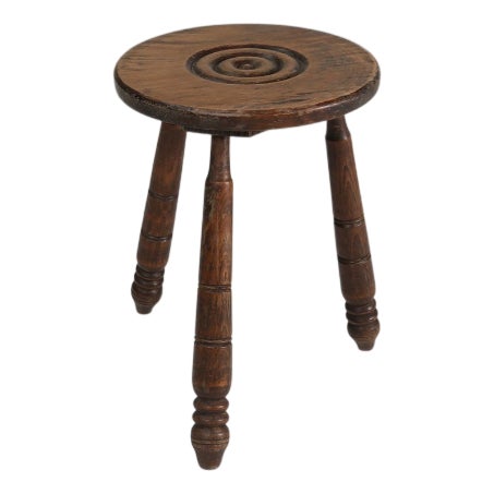 Vintage Brutalist Low Oak Tripod Stool, Belgium, 1960s For Sale