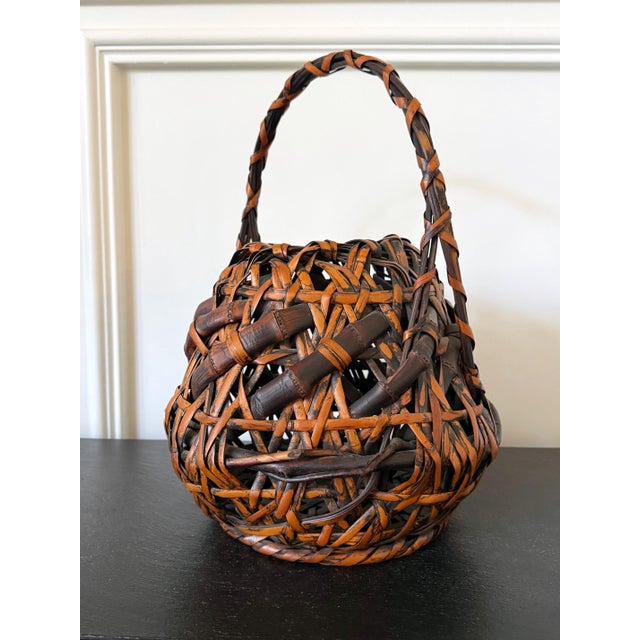 Antique Japanese Smoked Bamboo Basket Ikebana Mingei For Sale - Image 9 of 18