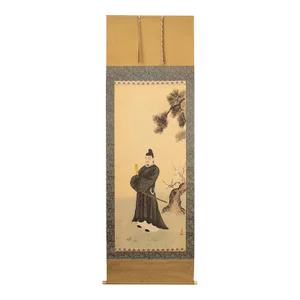Early 20th Century XL Meiji or Early Showa Japanese Watercolor Scroll Painting, "Man in Kimono With a Sword"