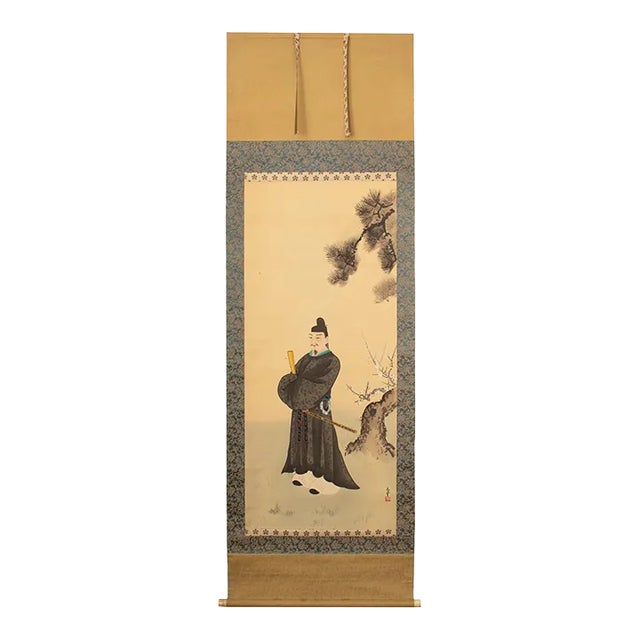 "Samurai", Late Meiji to Early Showa Japanese Silk Scroll Painting For Sale