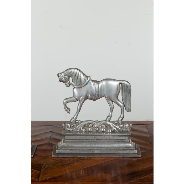 Early 20th Century Pair of English Turn of the Century Metal Bookends Depicting Prancing Horses For Sale - Image 9 of 12