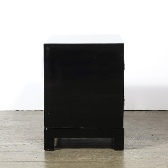 Mid-Century Modernist Rectilinear Nightstands in Black Lacquer With Greek Pulls For Sale - Image 9 of 11