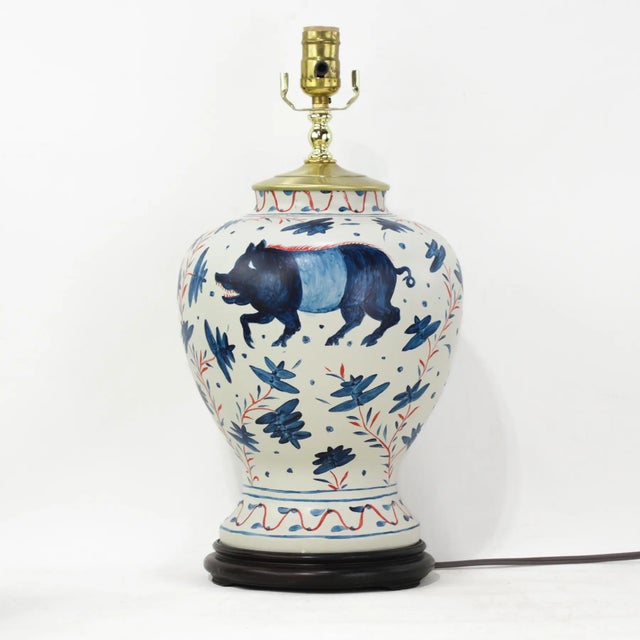 Vintage Brunschwig & Fils Cadiz Table Lamps - Blue and Cream Ceramic With Boar and Deer Motif - a Pair For Sale - Image 9 of 14
