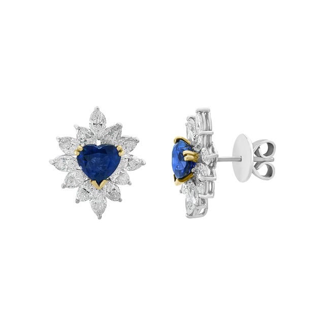 GIA Certified Ceylon Heart Shape Sapphire & 3.5 Carat Diamond Stud Earring 18KG For Sale - Image 17 of 18