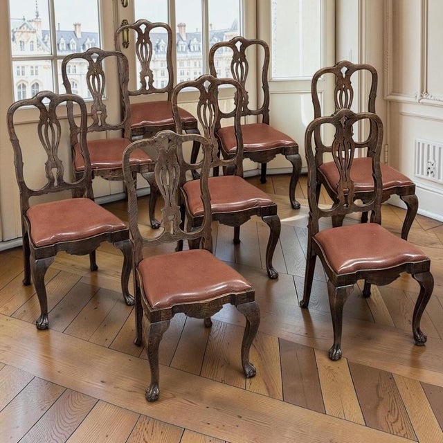Chippendale Set of Eight Antique Oak Chippendale Dining Chairs With Leather For Sale - Image 3 of 18