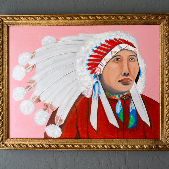 Pink Pop Art Style Painting of Indigenous Native American in Pink and Red For Sale - Image 8 of 11