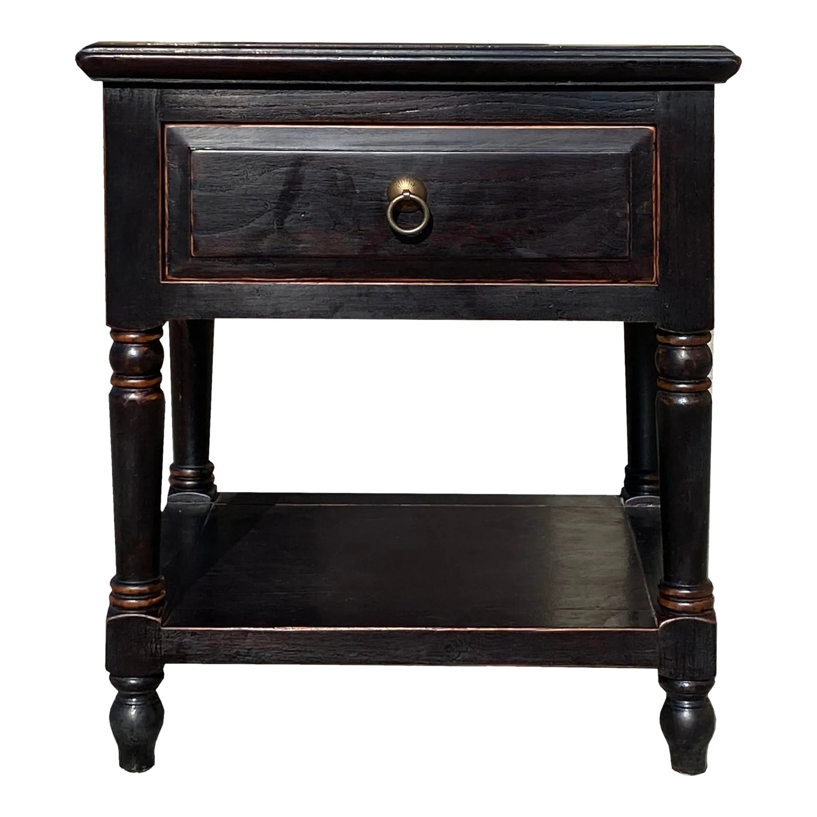 Oriental Distressed Black Brown Lacquer Drawer End Table Nightstand ...