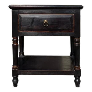 Oriental Distressed Black Brown Lacquer Drawer End Table Nightstand