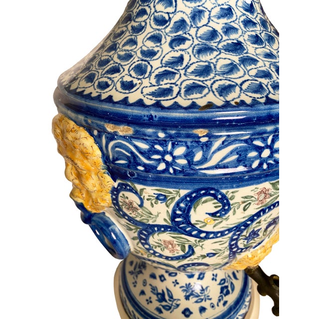 Wood Large Antique, Hand-Painted Ceramic Lamp For Sale - Image 7 of 12