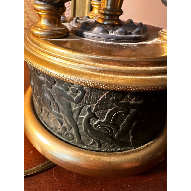 1930s Antique French Bronze Buoillote Lamp With Tole Shade For Sale - Image 5 of 11
