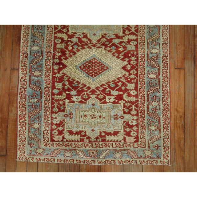 Rustic Cranberry Icy Blue Square Size Antique Persian Heriz Scatter Wool Handwoven Rug For Sale - Image 3 of 6