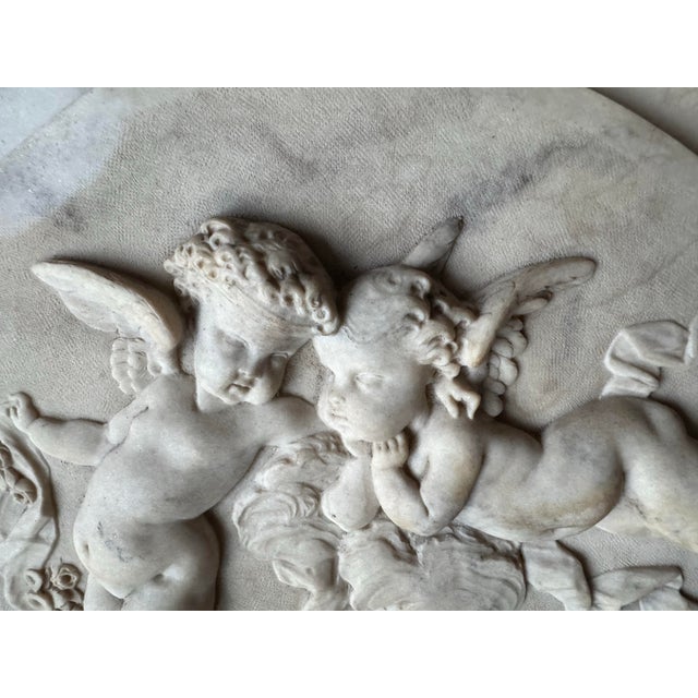 Neoclassical Antique Neoclassical Carved Marble Cherub Bas Relief in Ornate Gilt Oval Frame For Sale - Image 3 of 12