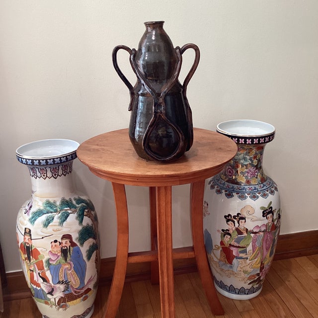 Vintage Art Nouveau Curved Shape Earthenware Double Handle Vase With Makes Mark For Sale - Image 12 of 12