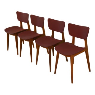 Designer Oak and Red Skai Chairs, 1960s, Set of 4 For Sale
