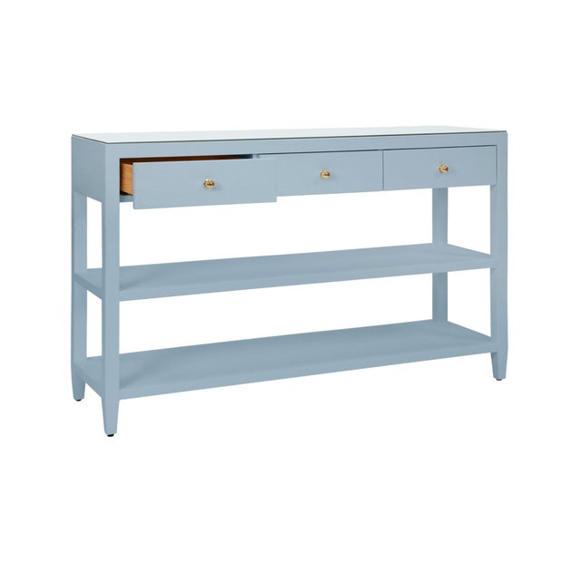 Worlds Away Matthew Izzo Home Briar Light Blue Textured Linen Two Drawer Console With Glass Top and Brass Hardware For Sale - Image 4 of 10