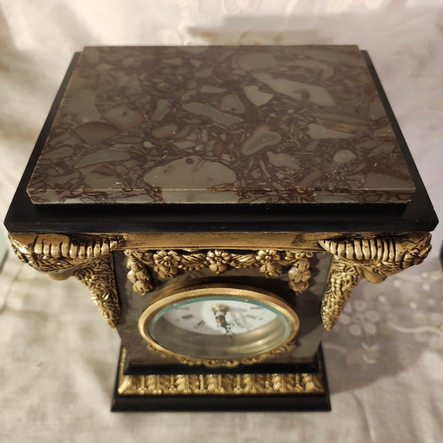 Traditional 1970s Neoclassical Empire Revival Rose Breccia Marble & Gilt Metal Mantel Clock For Sale - Image 3 of 17