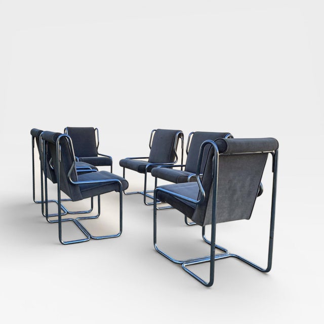 Gray Set of Six 1980s Chrome Cantilever Dining Chairs in Gray Velvet For Sale - Image 8 of 13
