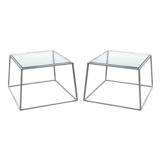 Pair of Vintage Kjaerholm Style Tapered Metal and Glass Side End Tables For Sale