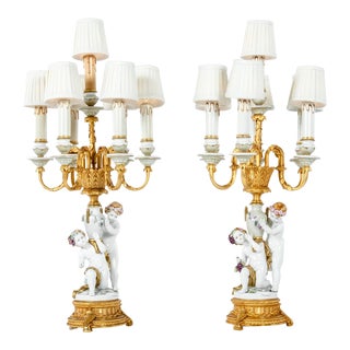 French Porcelain & Brass Candelabra Lamps - a Pair For Sale