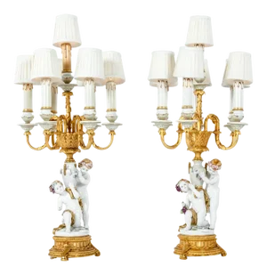 French Porcelain & Brass Candelabra Lamps - a Pair
