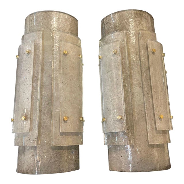 Pair of Modern Murano Large Scale Layered Smoke Glass Sconces For Sale