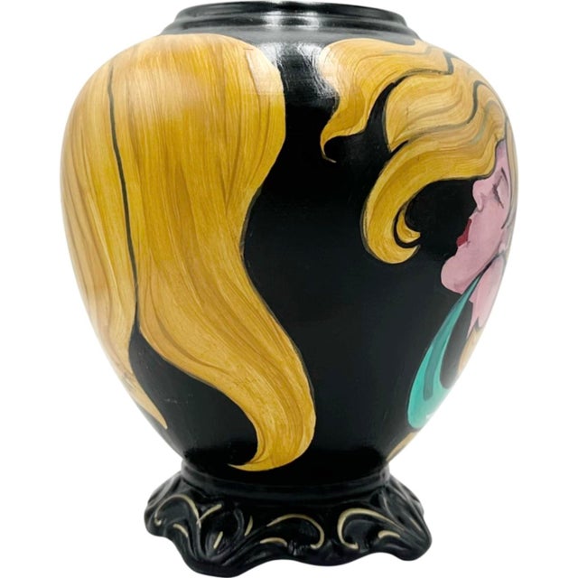 Contemporary Deco Fine Art Hand Painted Ceramic Vase Blonde Woman Portrait Art Pottery 2014 For Sale - Image 3 of 10