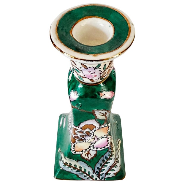 Green Vintage Chinese Famille Verte Floral Porcelain Candlesticks - A Pair For Sale - Image 8 of 10
