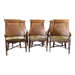 Tommy Bahama Style Woven Rattan & Faux Bamboo Dining Arm Chairs by Drexel Heritage - Set of 6 For Sale