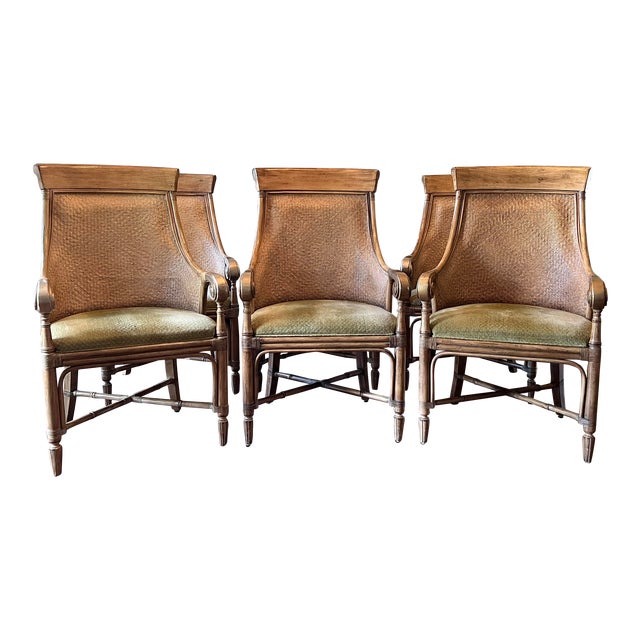 Tommy Bahama Style Woven Rattan & Faux Bamboo Dining Arm Chairs by Drexel Heritage Set of 6