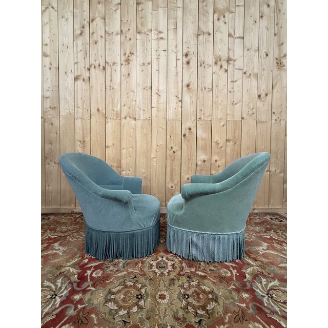 Wood Fake Toadstool Armchairs in Duck Blue Velvet and Mixed Legs, 1970s For Sale - Image 7 of 8