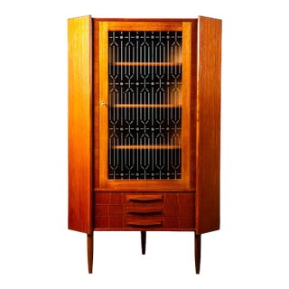 Mid Century Danish Modern Corner Cabinet Teak Wood Bar Denmark Drawers Glass MCM For Sale