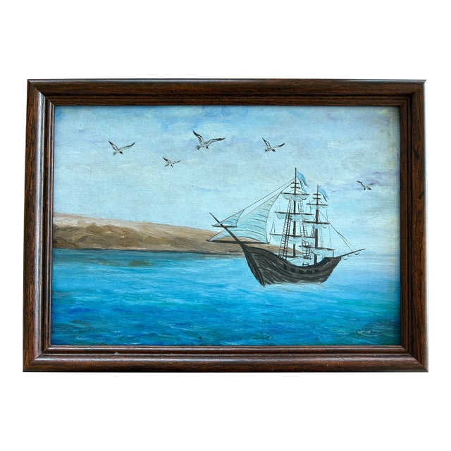 1970 Naive Nautical Rustic European Ship at Sea With Seagulls Painting, Framed For Sale
