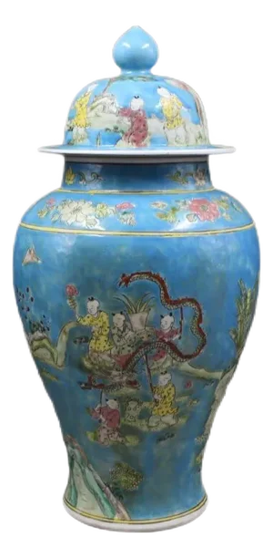 Antique Chinese Ceramic Pot Qing Dynasty Blue Ground Famille Rose Porcelain Ginger Jar Hand Painted Playing Children Pattern