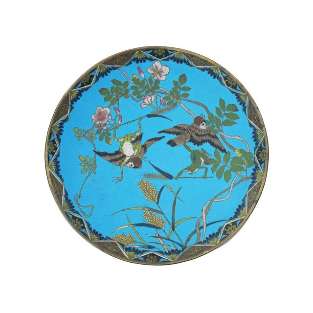 Antique Japanese Cloisonne Turquoise Enamel With Frogs Plate For Sale - Image 4 of 4