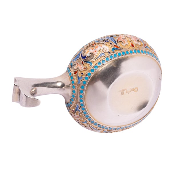 Victorian Antique Imperial Russian Silver Cloisonne Enamel Kovsh Ovchinnikov Moscow 1896 For Sale - Image 3 of 12