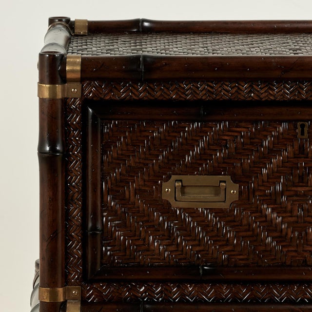 English Pair of Vintage Faux Bamboo and Grasscloth British Colonial Style Stands For Sale - Image 3 of 18