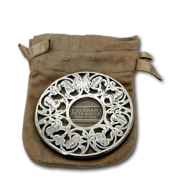 Metal Set 6 Antique American Hand Engraved Heavy Sterling Silver Overlay on Thick Glass Beverage Coasters by Gorham For Sale - Image 7 of 12