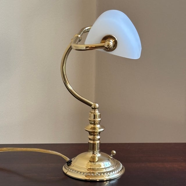 Metal Late-20th Century Mini Banker's Task Lamp W/ Frosted Glass Shade For Sale - Image 7 of 17