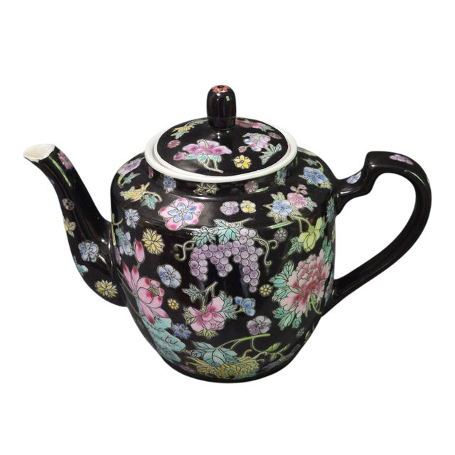 Vintage Famille Noire Jingdezhen China Millefleur Painted Enamel Tea Pot For Sale - Image 11 of 11