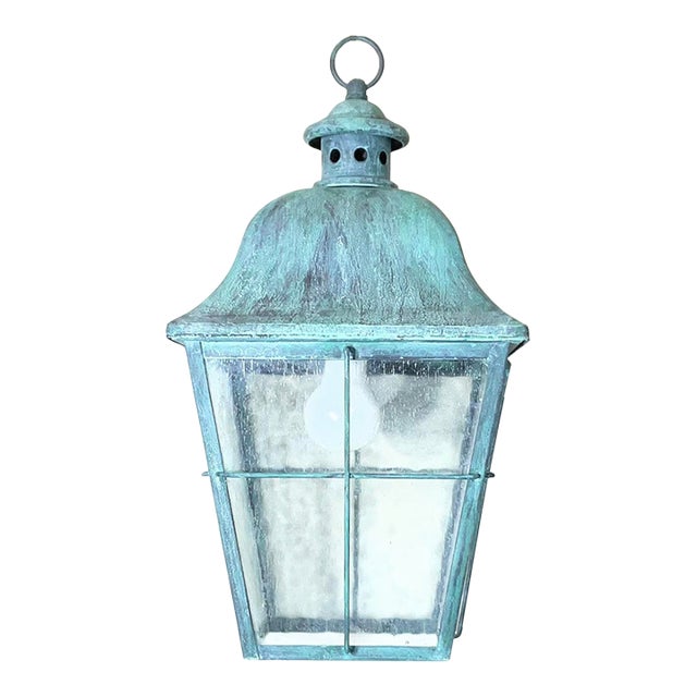 Vintage-Style Hand-Painted Verdigris Metal Hanging Pendant Lantern - 19”x10x10 For Sale