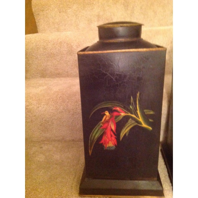 This is is a column shape tole tea caddy with a beautiful humming bird design. It is hand painted very meticulously by our...
