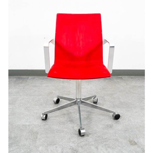 Danish designed suede office chairs in the style of Arne Jacobsen. Well made and rolls very easily. Signed beneath.