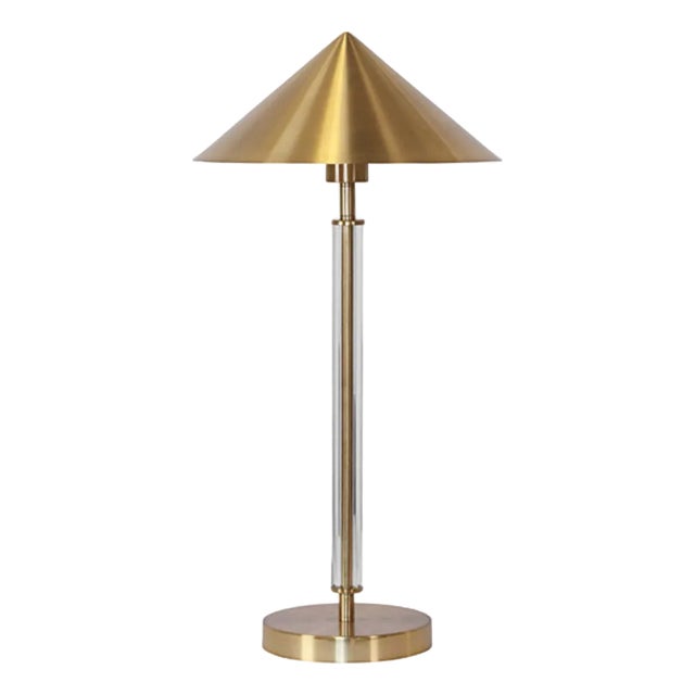 Matthew Izzo Home Tate Antique Brass Acrylic Pole Table Lamp With Metal Shade. For Sale