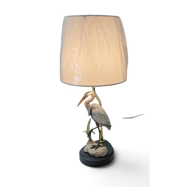 French Country Hand Painted Boehn Porcelain Heron Lamp With Shade For Sale - Image 3 of 8