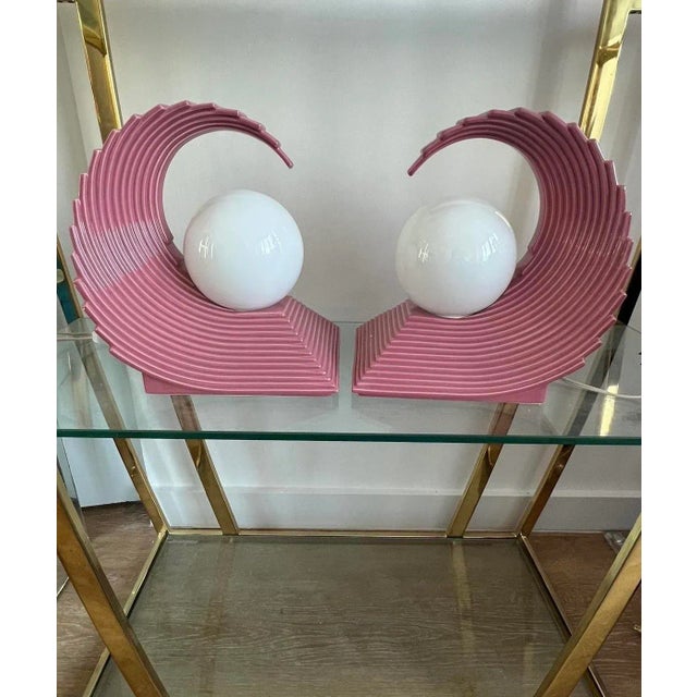 1980s Art Deco Revival Pink Ceramic Wave Lamps - a Pair For Sale - Image 13 of 13