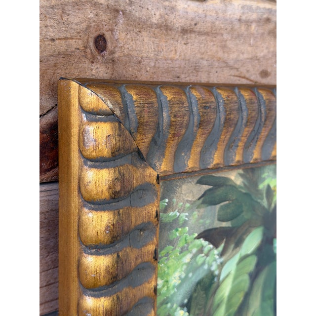 English Signed Tropical Leopard Waterfall Acrylic Painting in Carved Gilt Wood Frame For Sale - Image 3 of 12